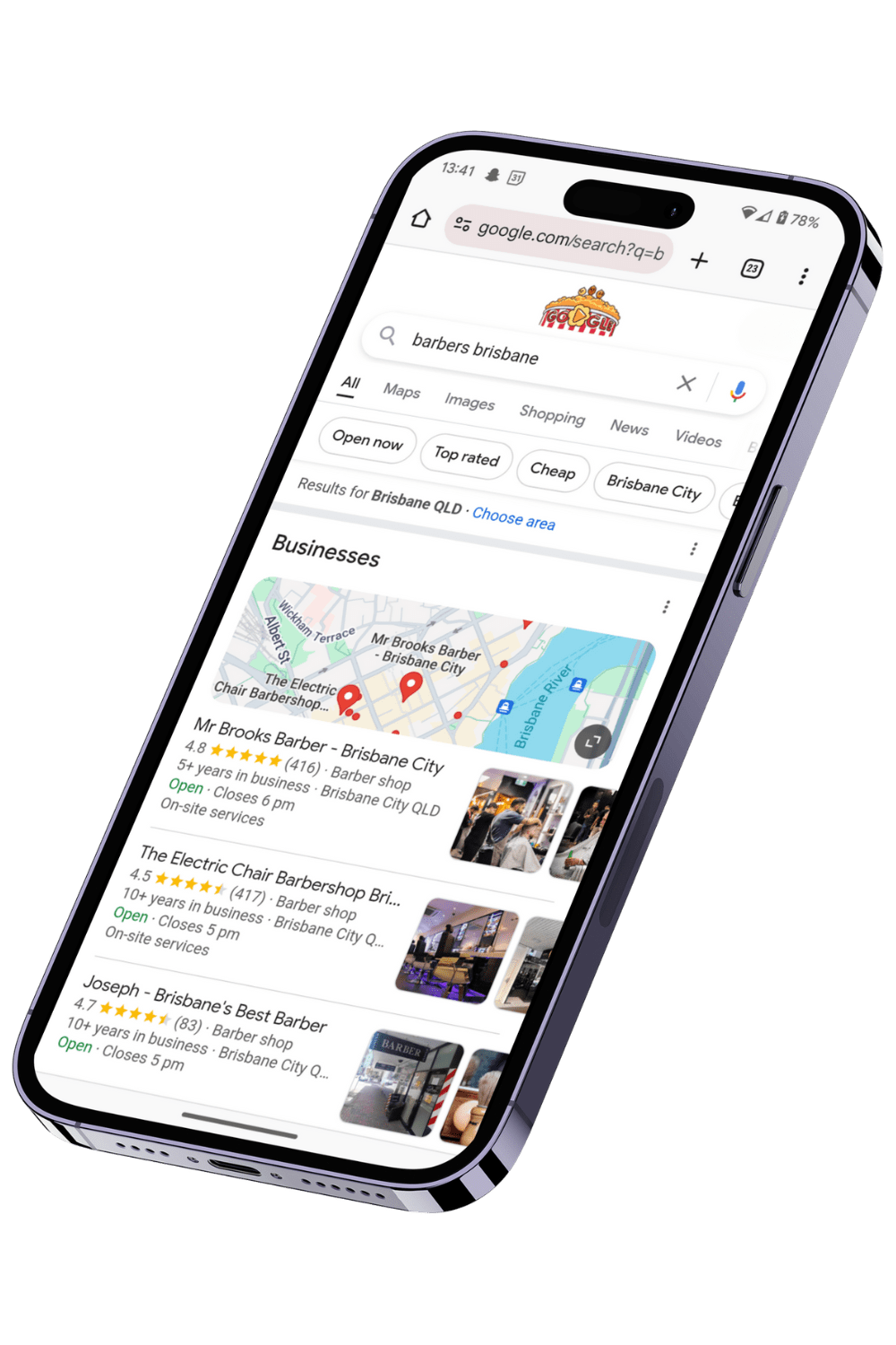 mobile phone screen mockup of google maps results