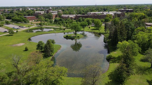 Aerial view of a green park featuring a pond with a small island, surrounded by trees and distant buildings.