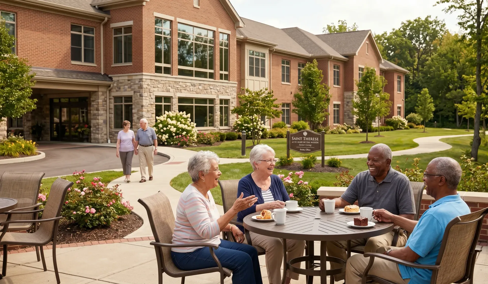 A candid photograph taken on a sunny day of the attractive red brick and stone campus of Saint There
