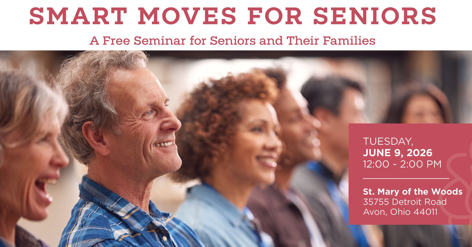 Smart Moves for Seniors seminar flyer with smiling audience and event details over a red text box