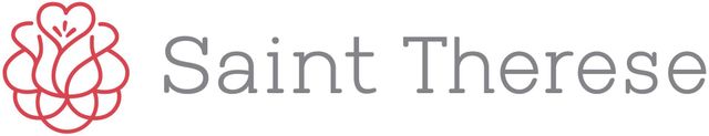 A stylized, thin-lined rose illustration in muted red next to the gray text "Saint Therese".