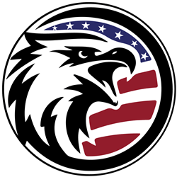 A logo with an eagle and an american flag in a circle.