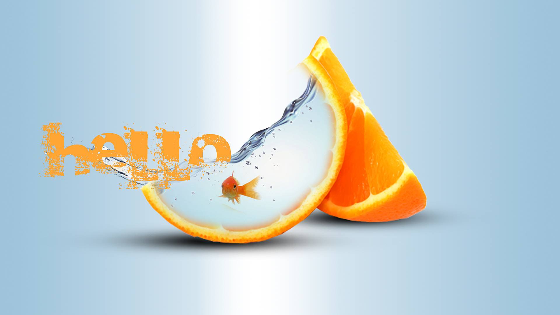 A goldfish is swimming in a slice of orange