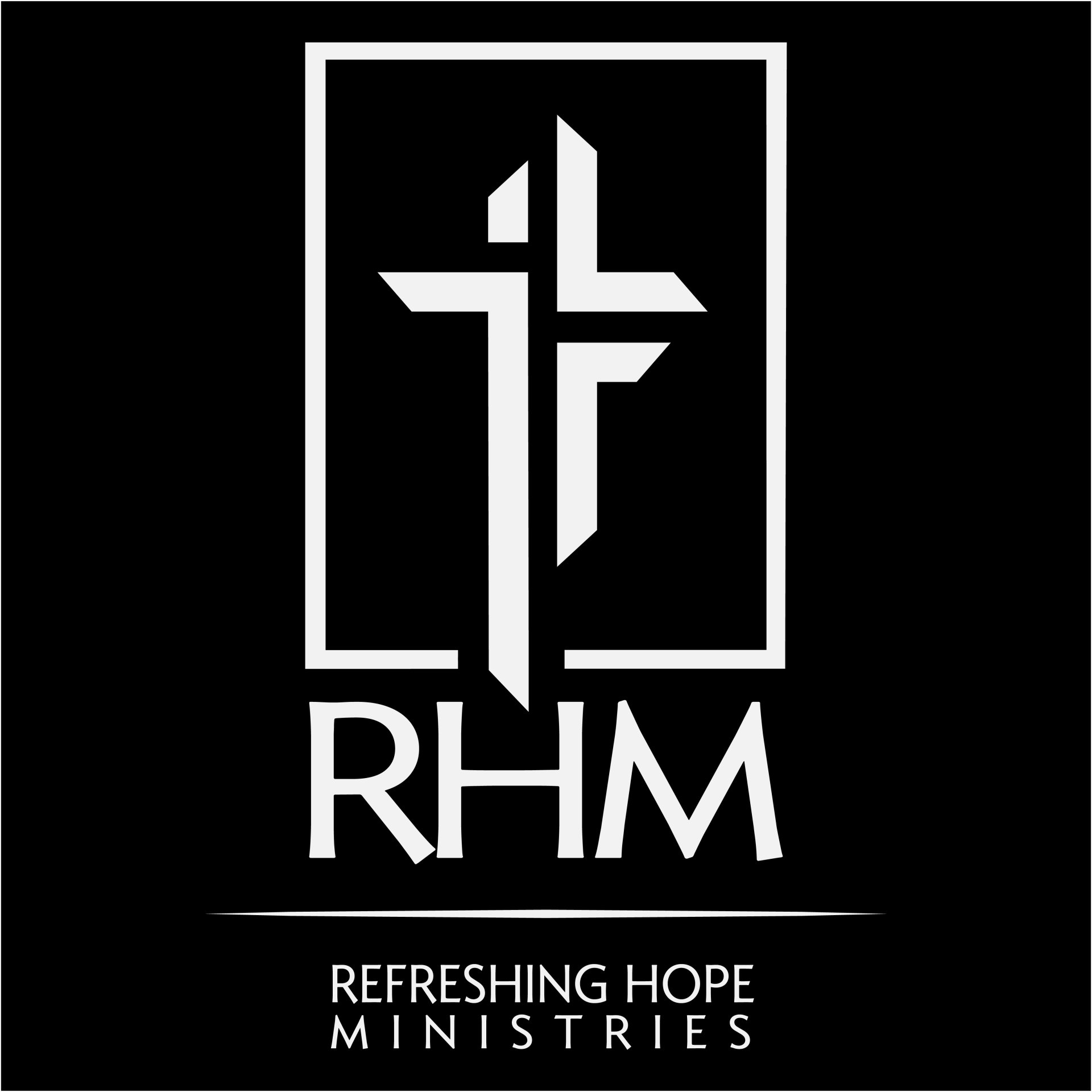 The logo for refreshing hope ministries has a cross in a square.
