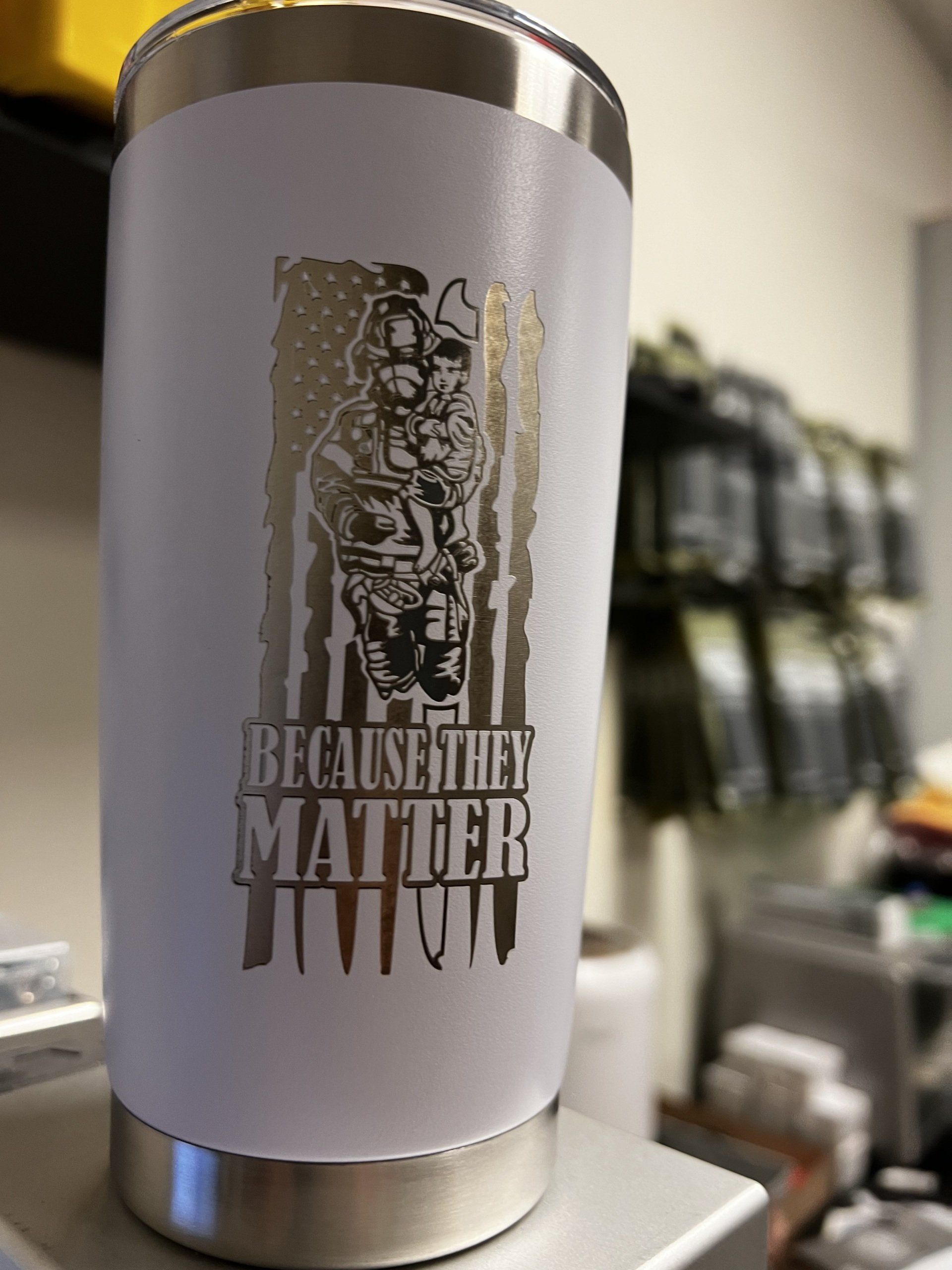 A white tumbler with the words because they matter on it