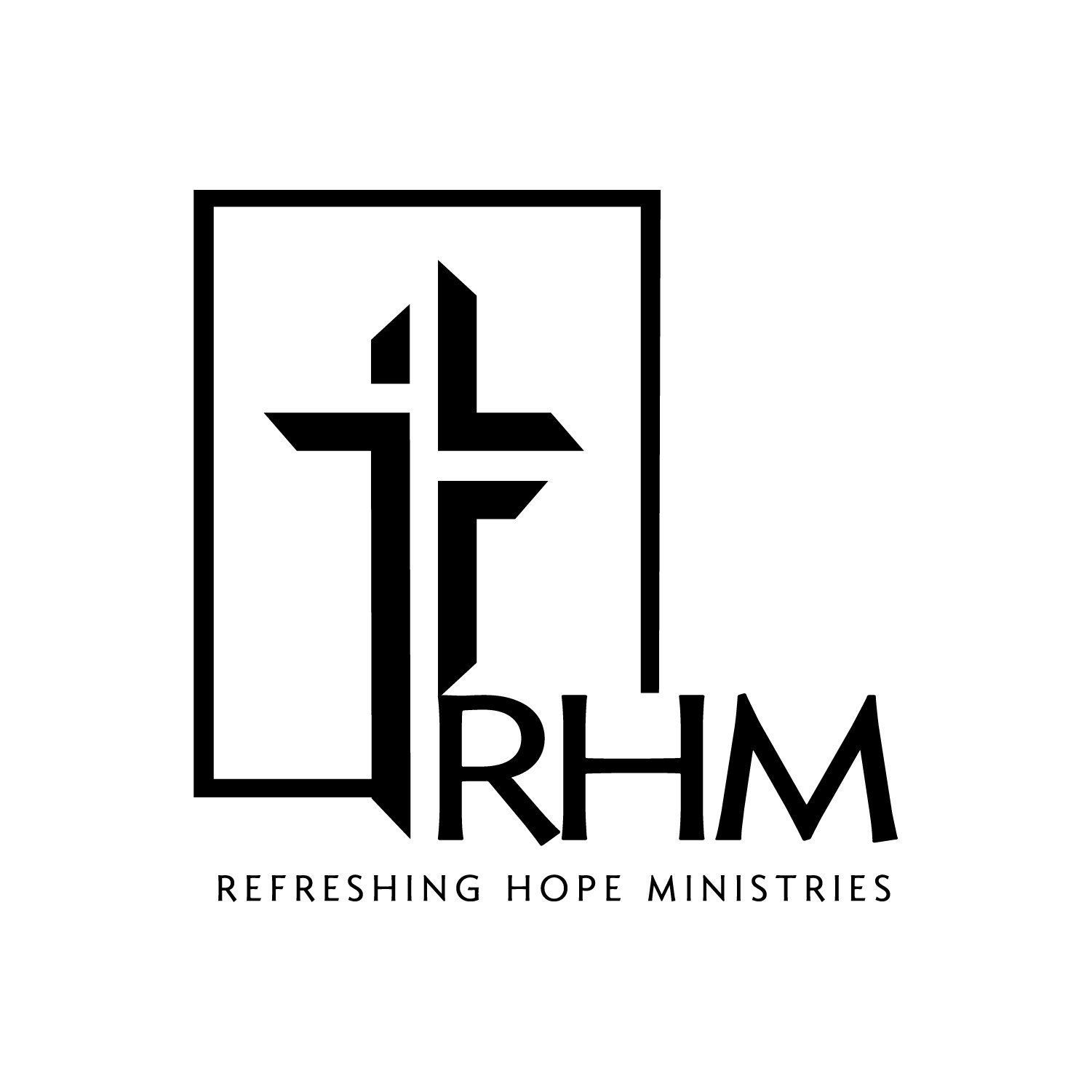 A black and white logo for a church with a cross in a square.