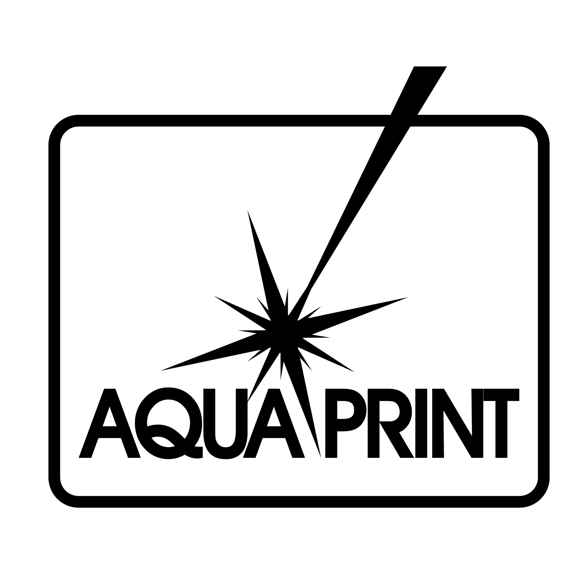 A black and white logo for aqua print with a laser beam coming out of it.