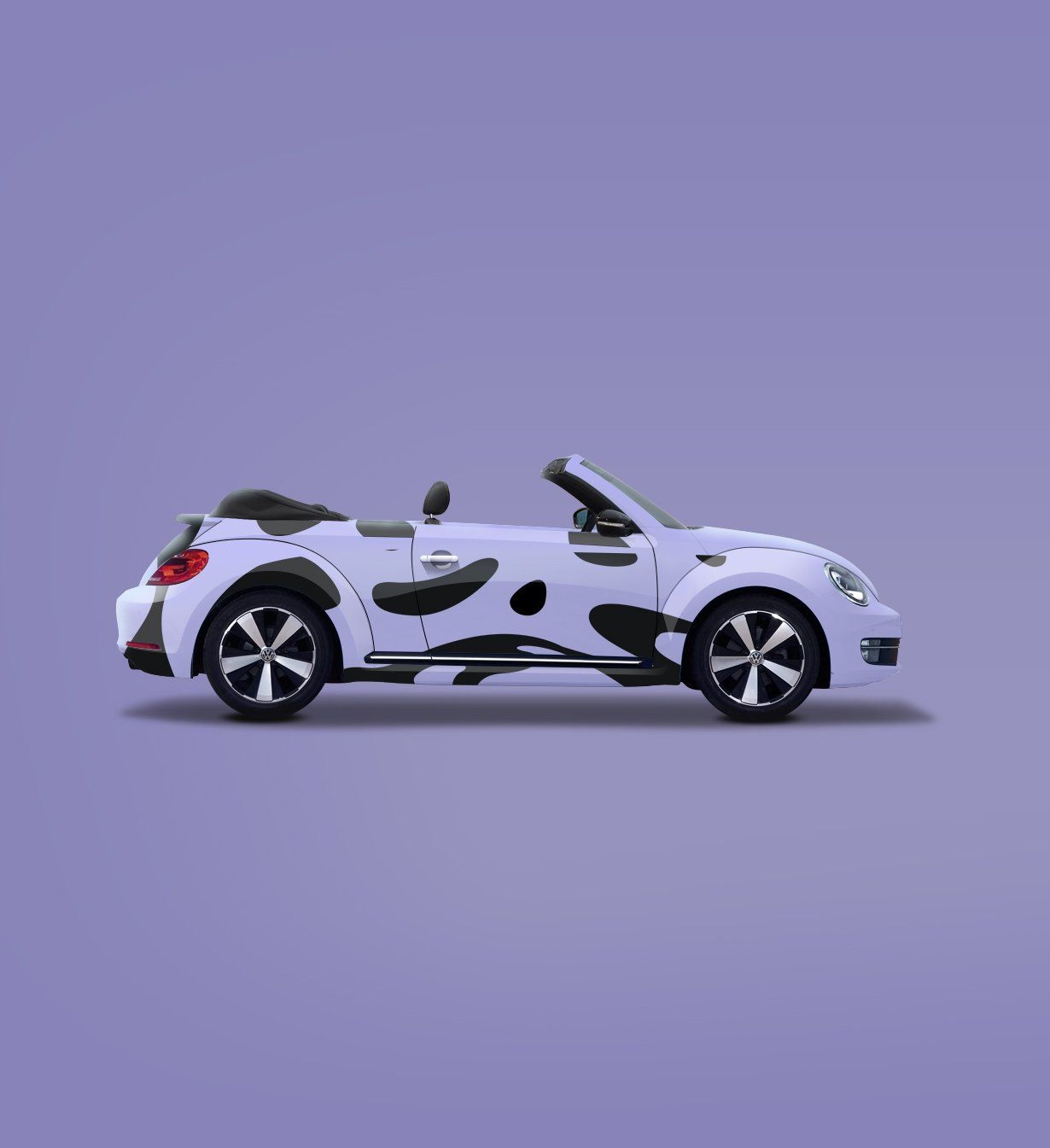 A white car with a cow print on the side is on a purple background.
