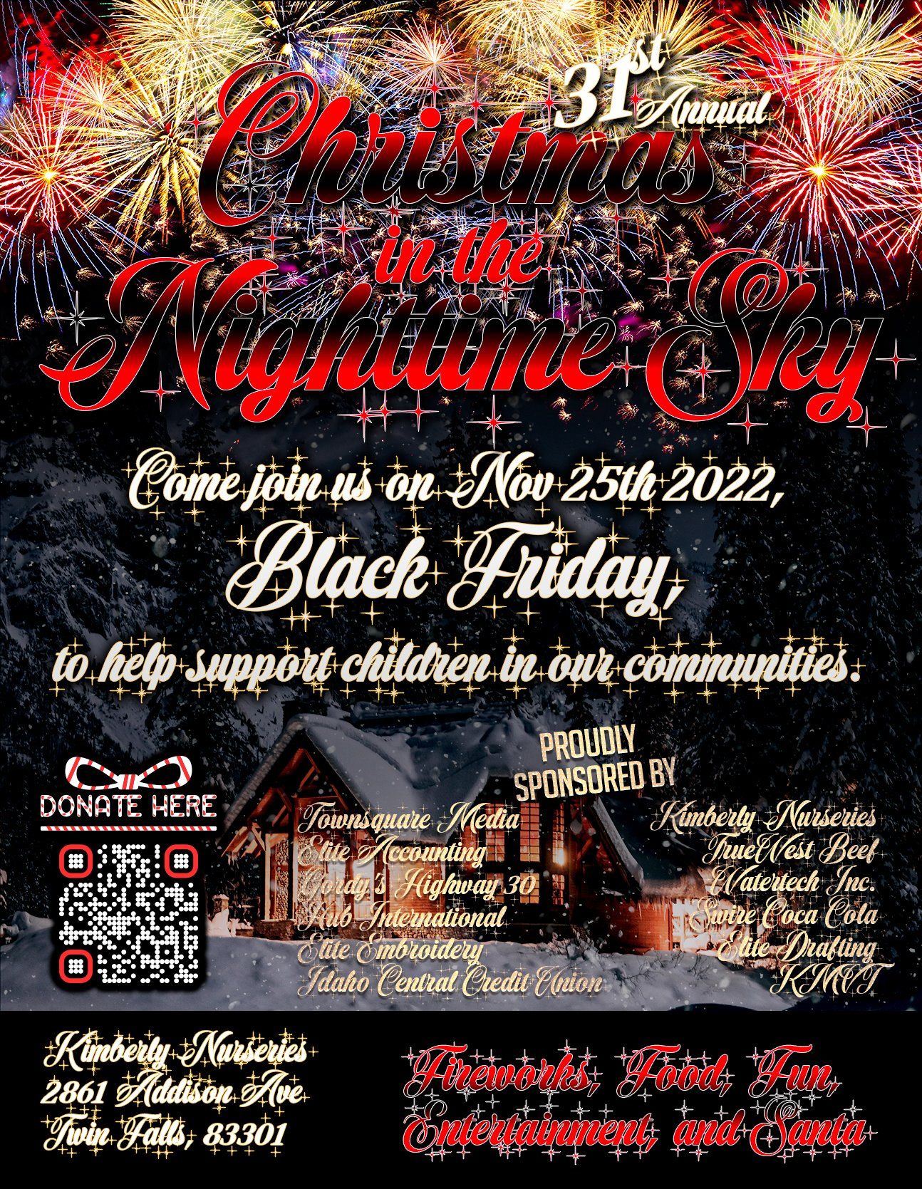 A black friday flyer with fireworks and a house on it.