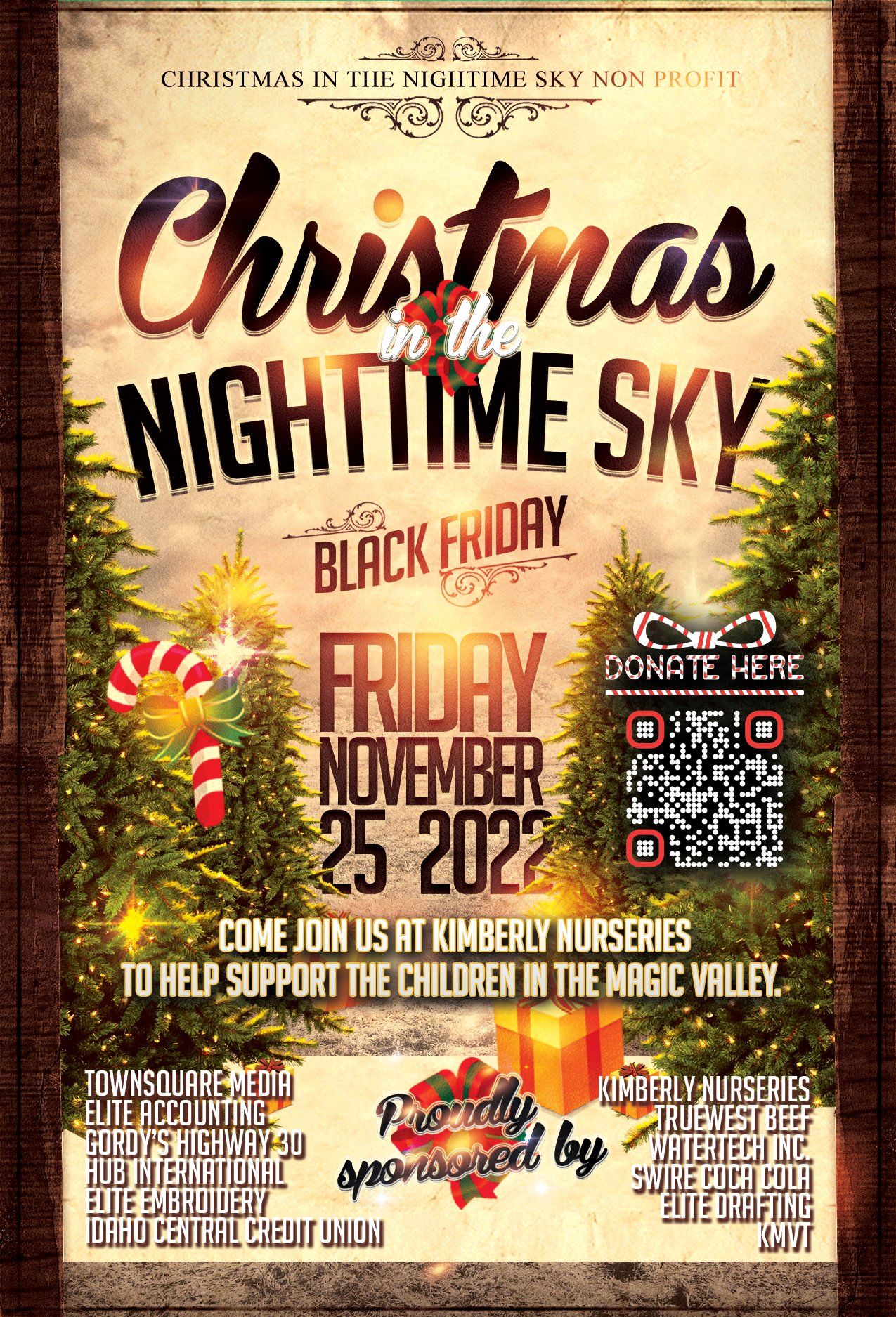 A poster for a christmas nighttime sky black friday event.