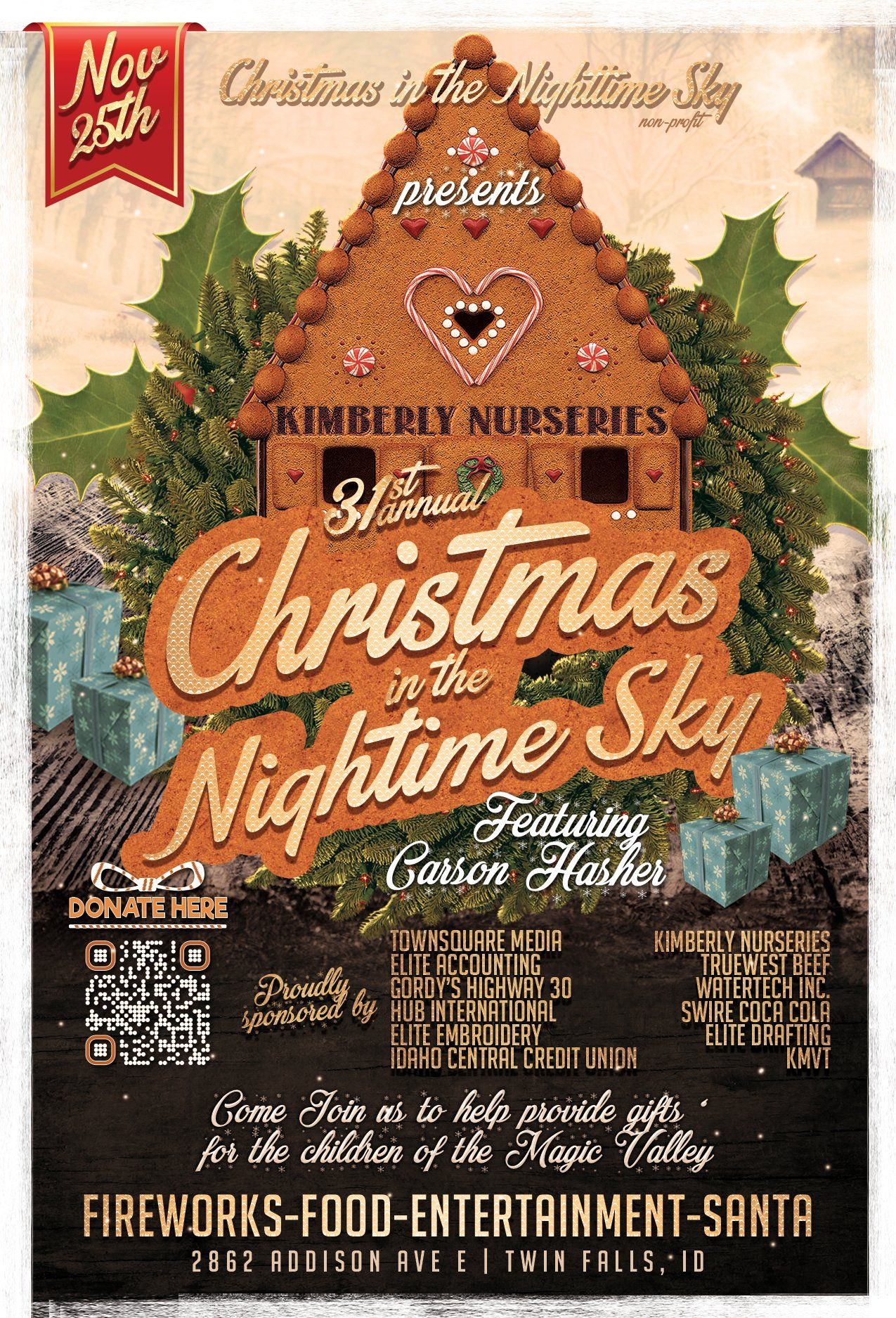 A christmas nighttime sky poster with a gingerbread house on it