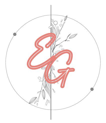 A logo with the letters e and g in a circle with flowers and leaves.