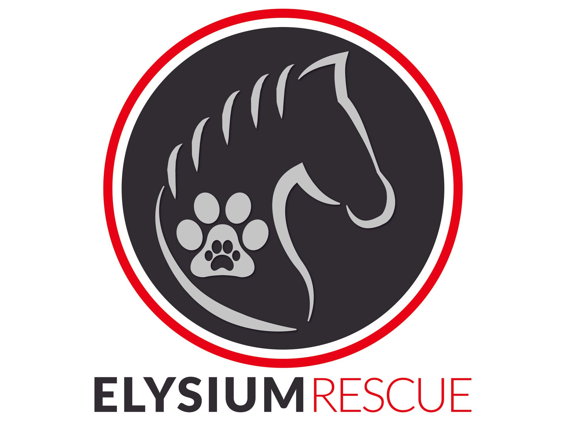 The logo for elysium rescue shows a horse 's head and paw print.