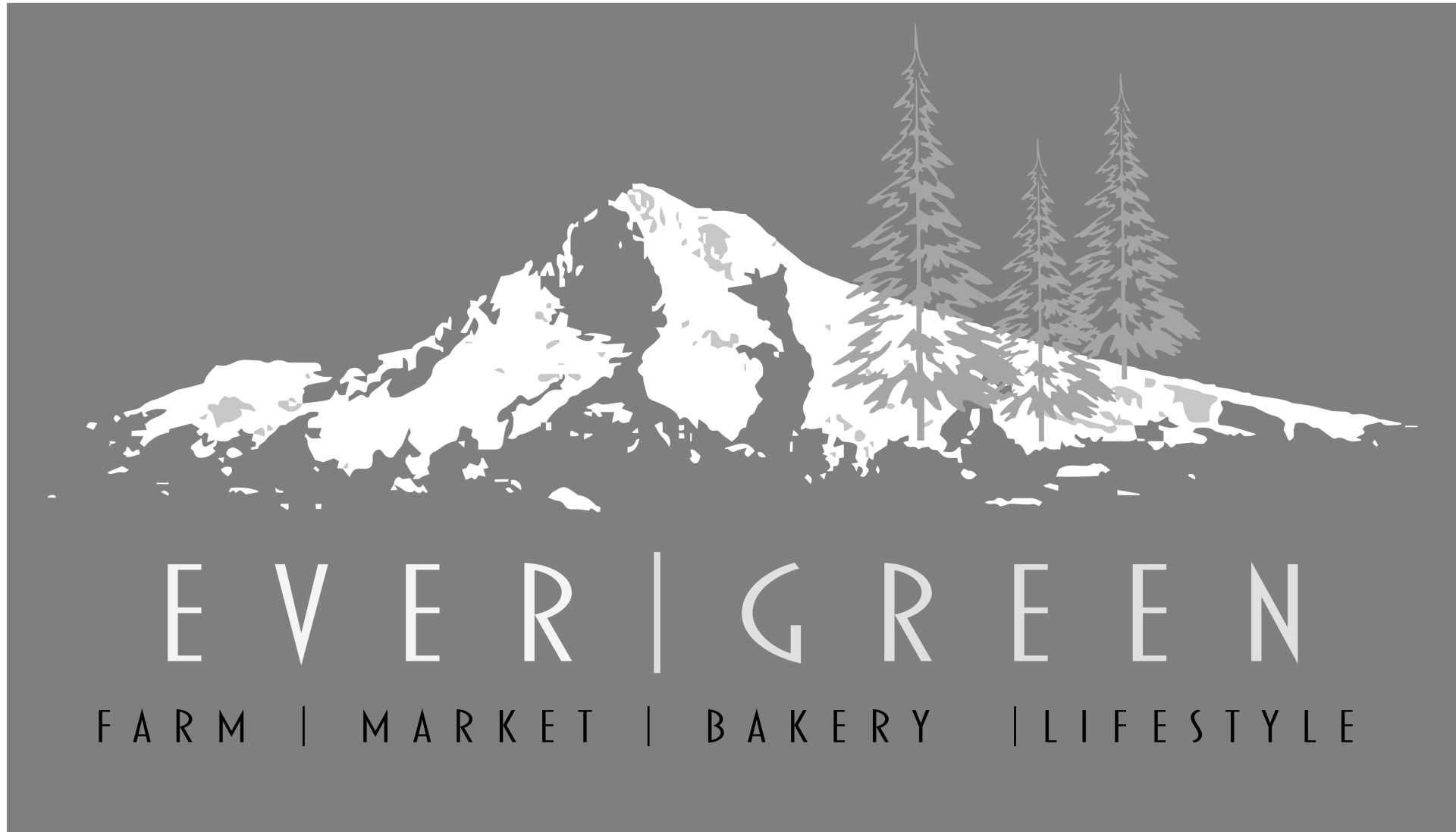 A logo for evergreen farm with a mountain and trees