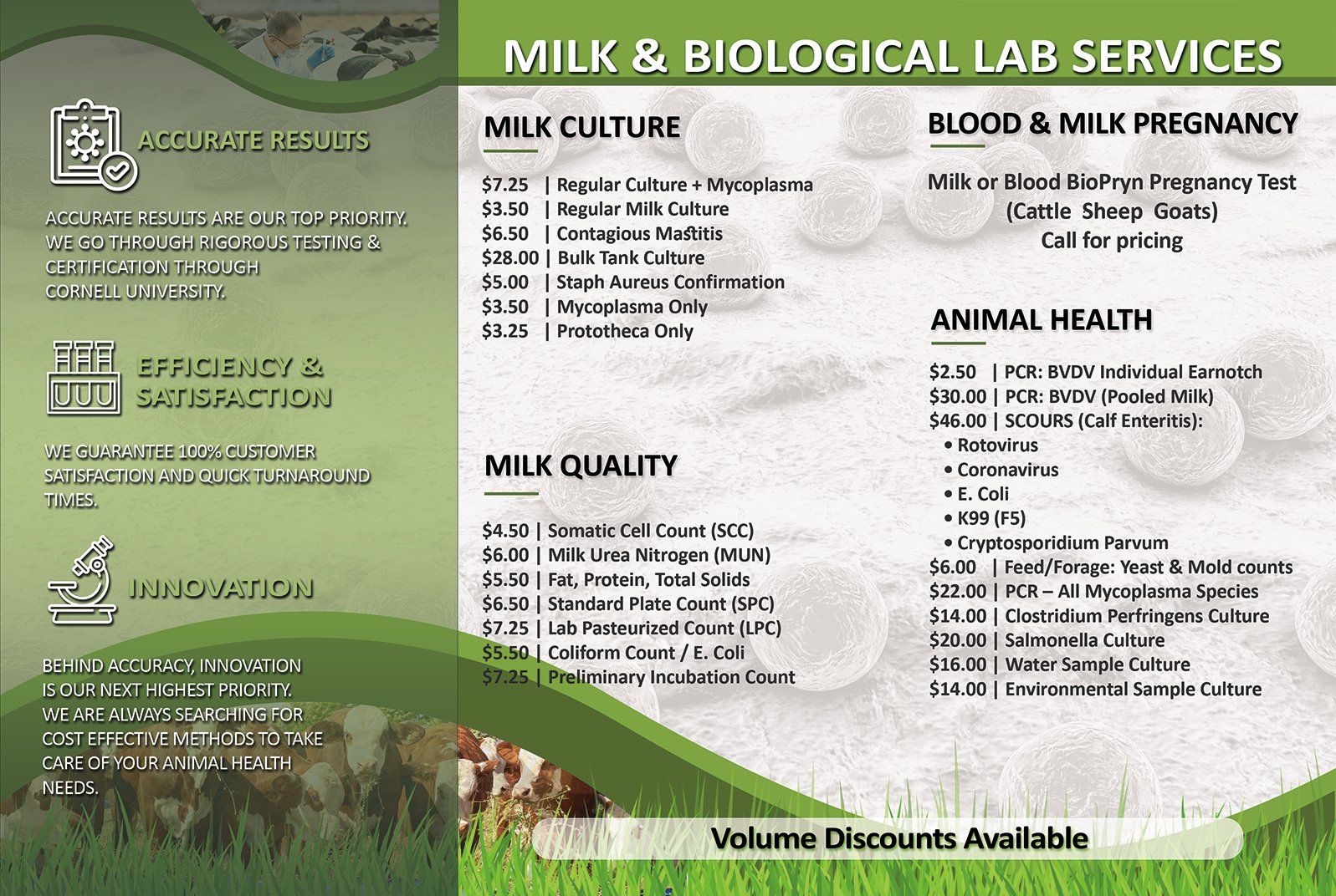 A brochure about milk and biological lab services