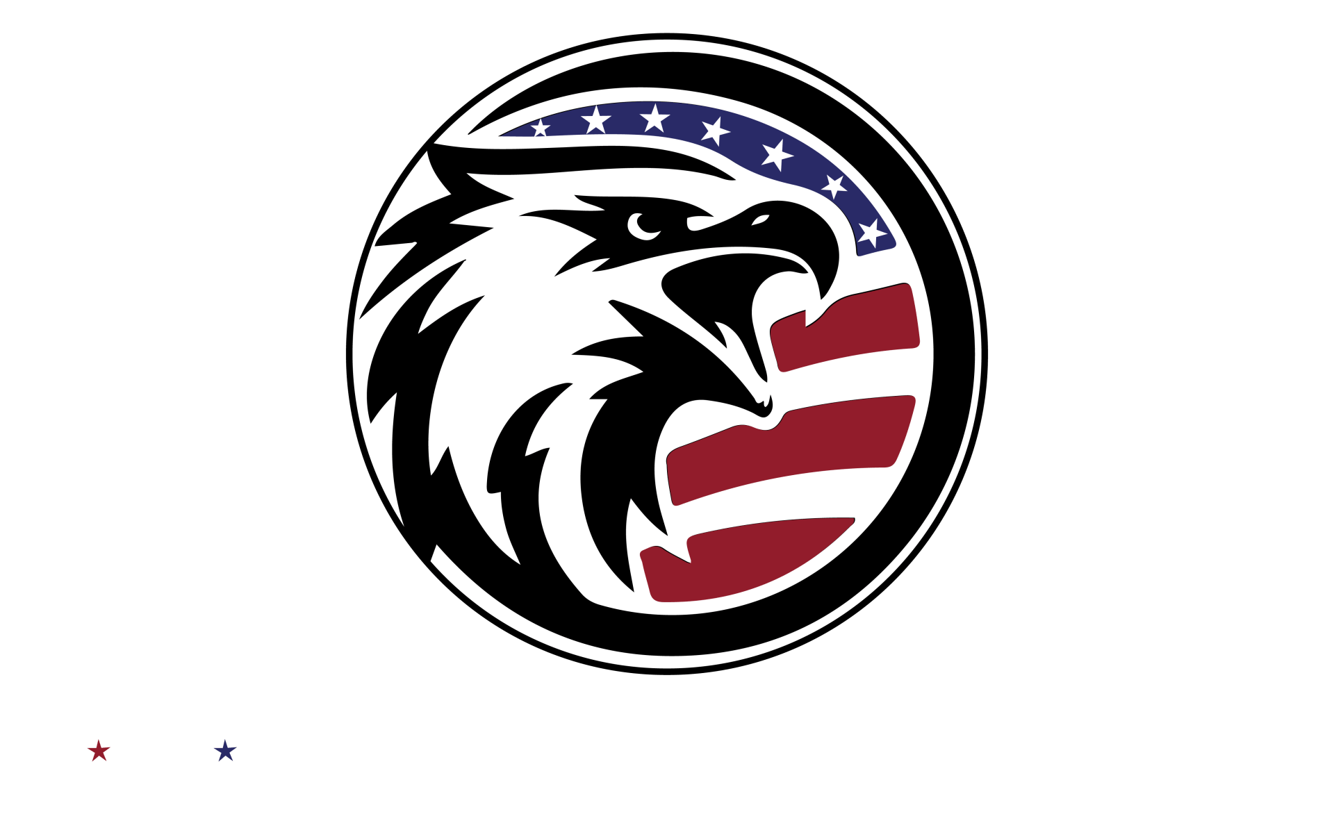 A black and white logo of an eagle with an american flag in the background.