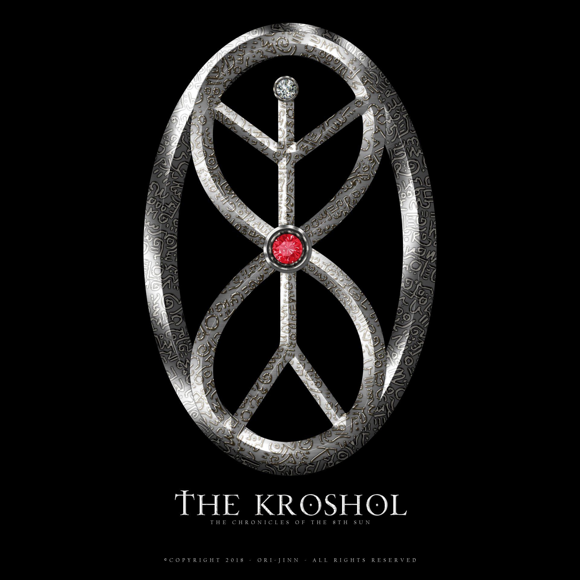 A silver circle with a red stone in the middle and the words the kroshoi on the bottom.