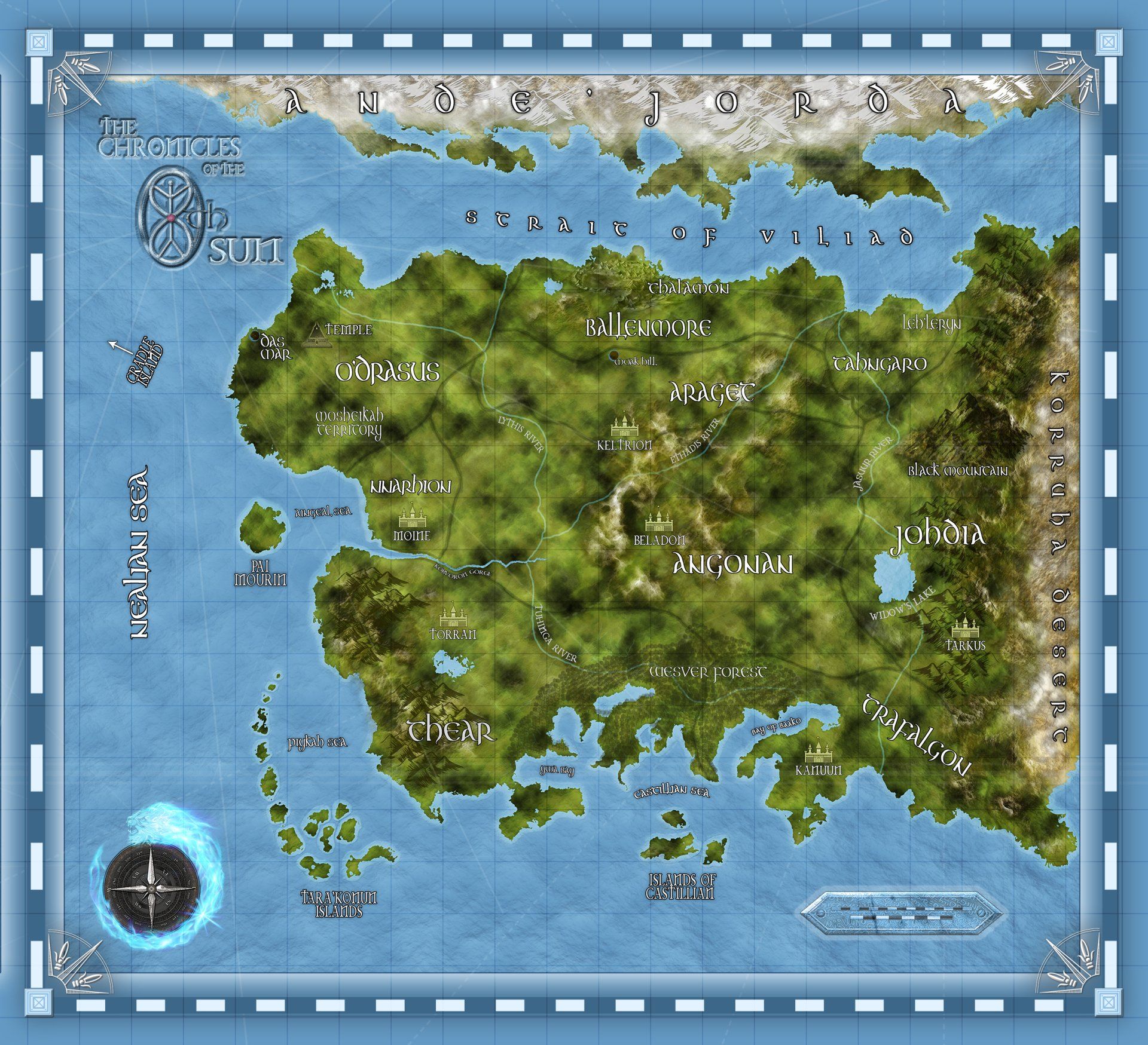 A map of the world with a compass on it