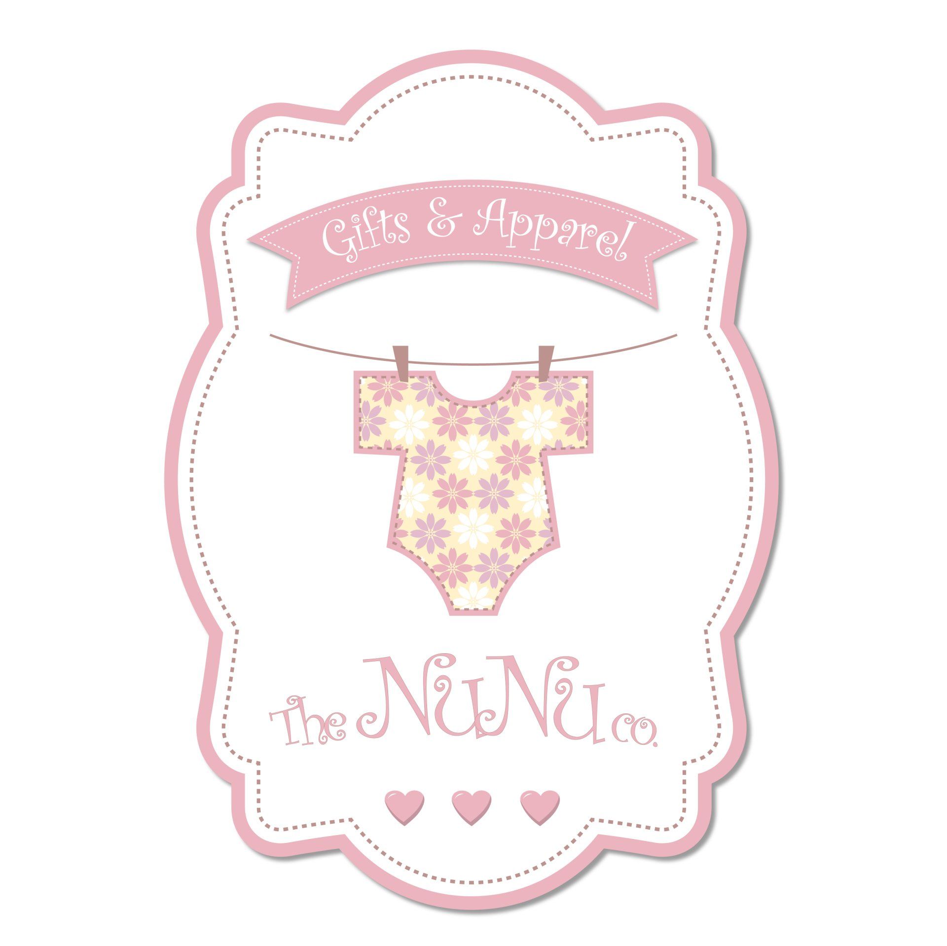 A pink label with a baby onesie hanging on a clothes line