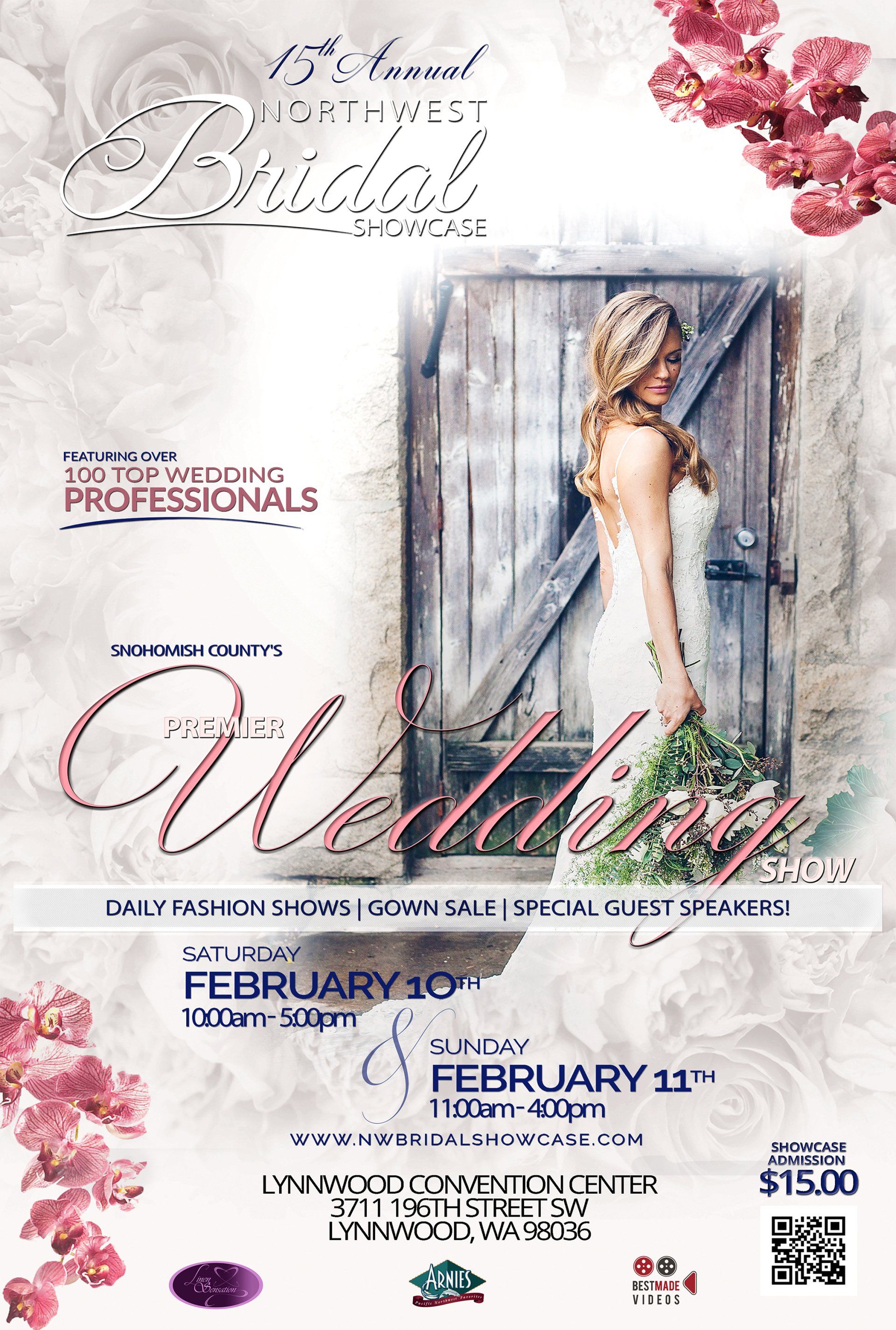 A woman in a wedding dress is standing in front of a wooden door.