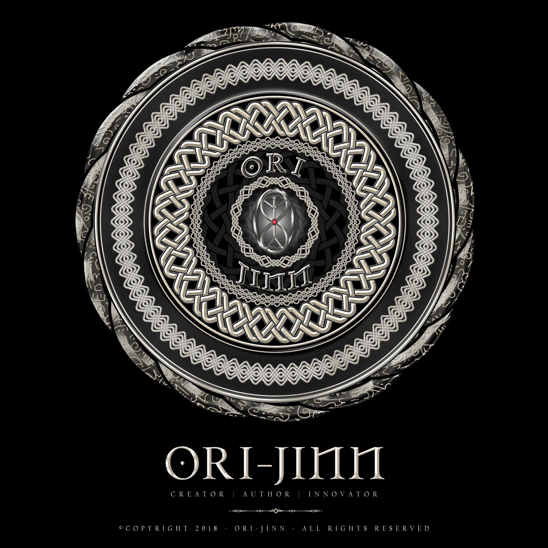 A black and white circular design with the word ori-jinn on it