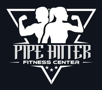 The logo for pipe hitter fitness center shows a man and a woman flexing their muscles.