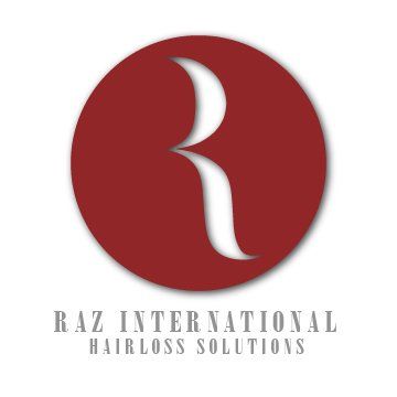 A logo for raz international hair loss solutions