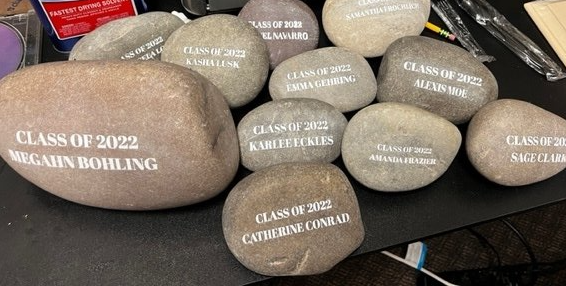 A bunch of rocks with names on them are sitting on a table.