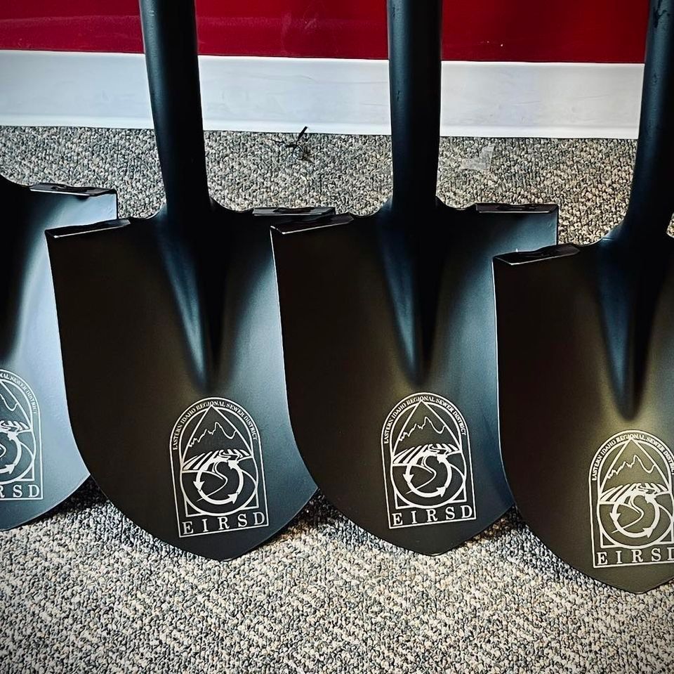 Four black shovels are lined up on a carpet