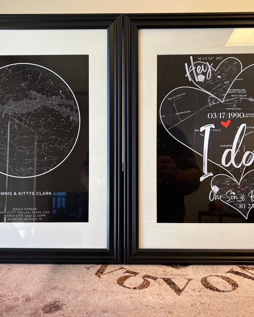 A couple of framed pictures sitting on top of a rug.