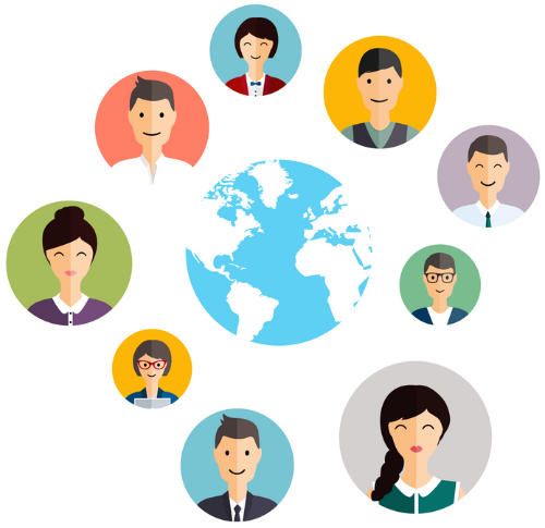 A group of people are standing around a globe.