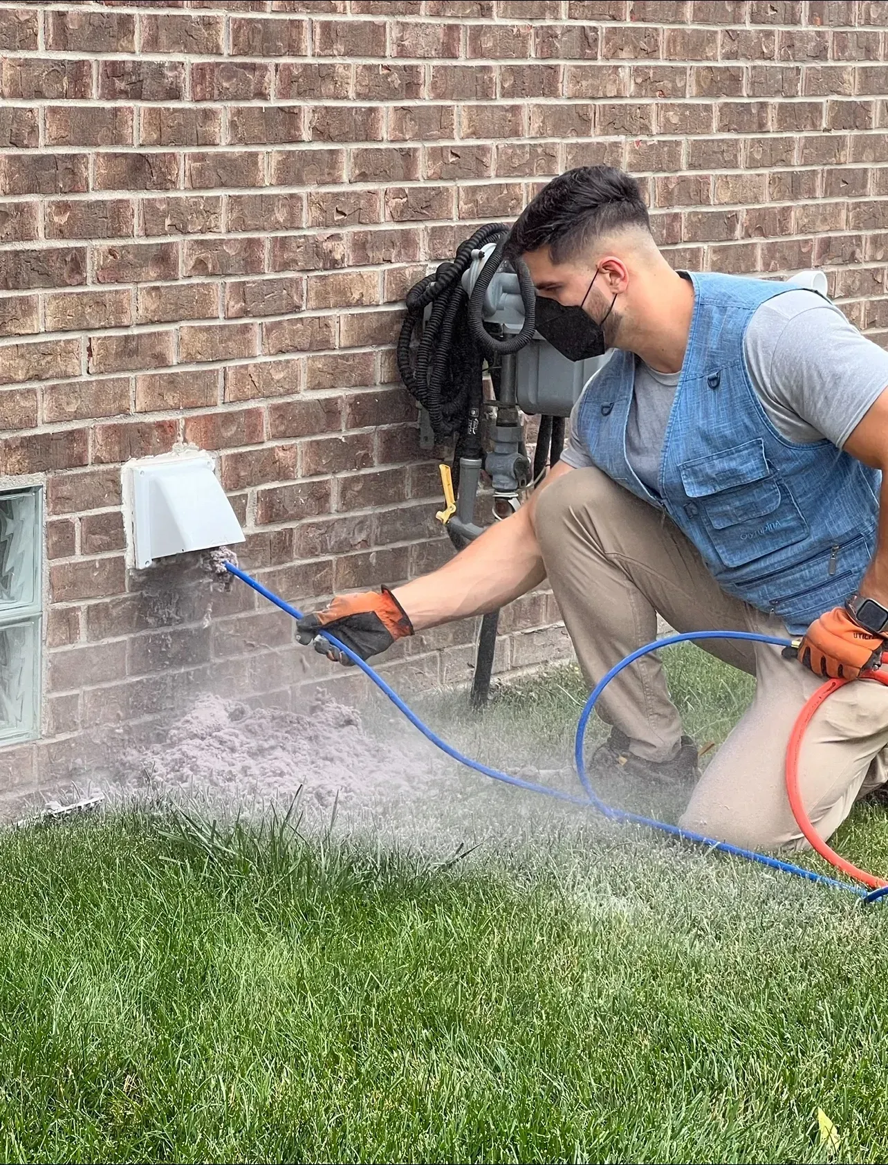 Man in mask spraying pesticide on grass near brick wall.