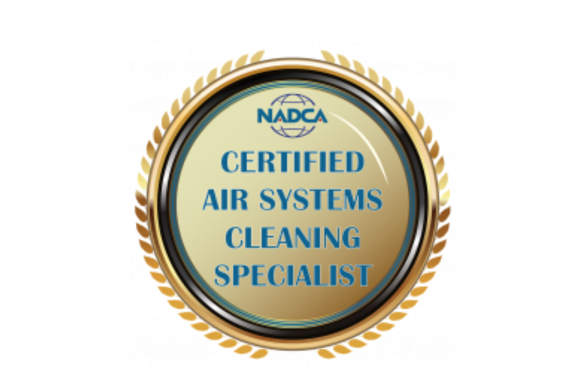 NADCA certified air systems cleaning specialist badge. Gold and teal colors.