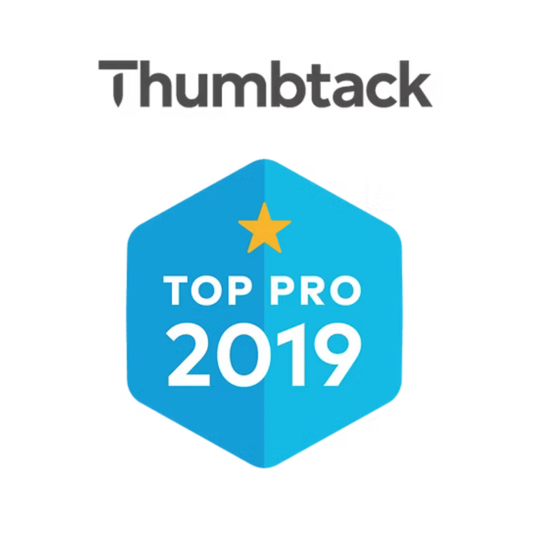 Thumbtack Top Pro 2019 badge: Blue hexagon with gold star, white text.