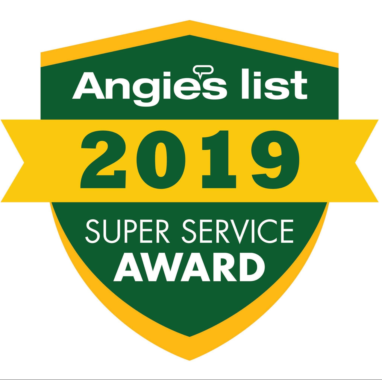 Angie's List Super Service Award 2019 badge: green shield with gold trim and banner, white text.