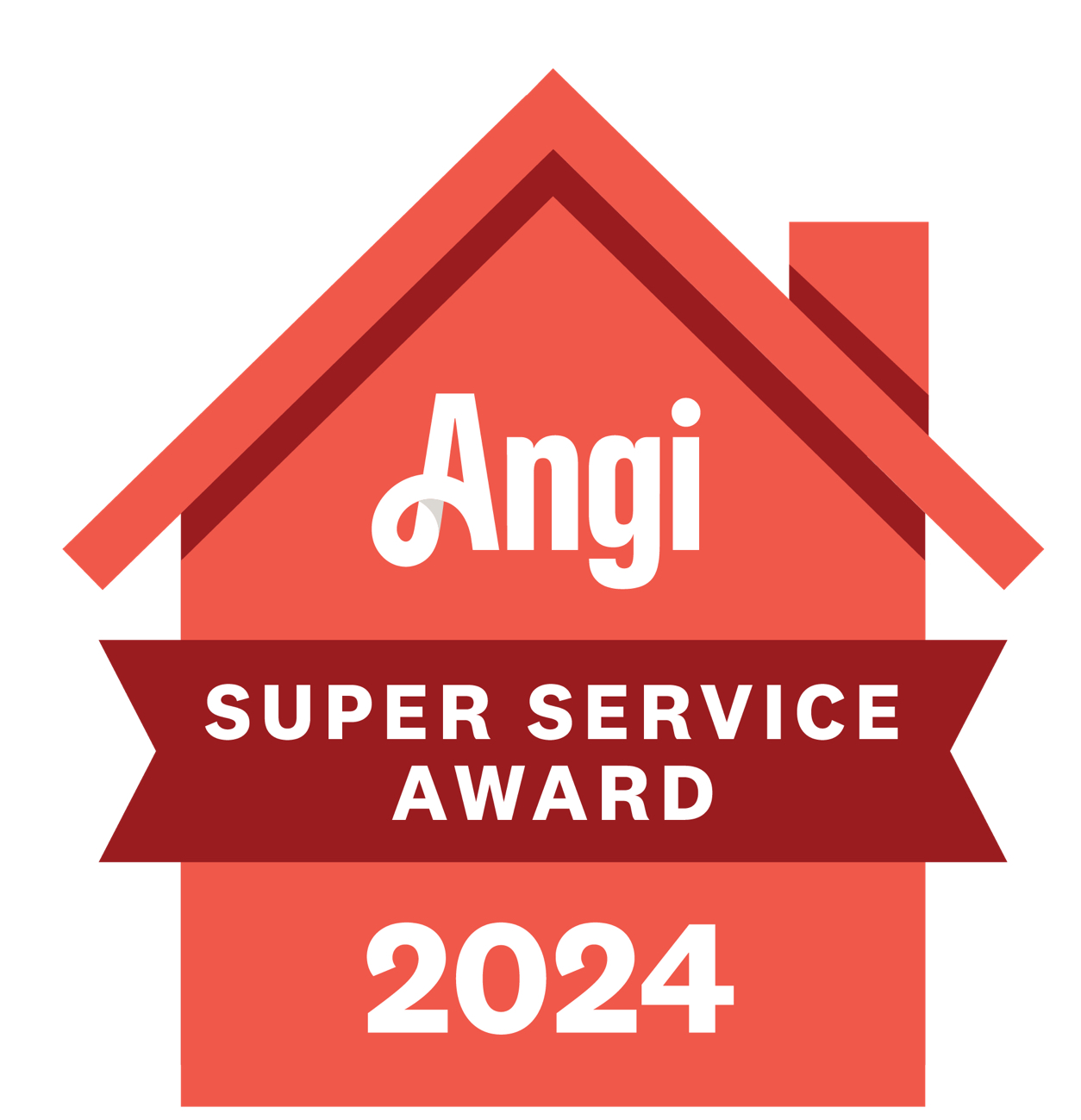 Angi Super Service Award badge, 2024. Red house shape with text.