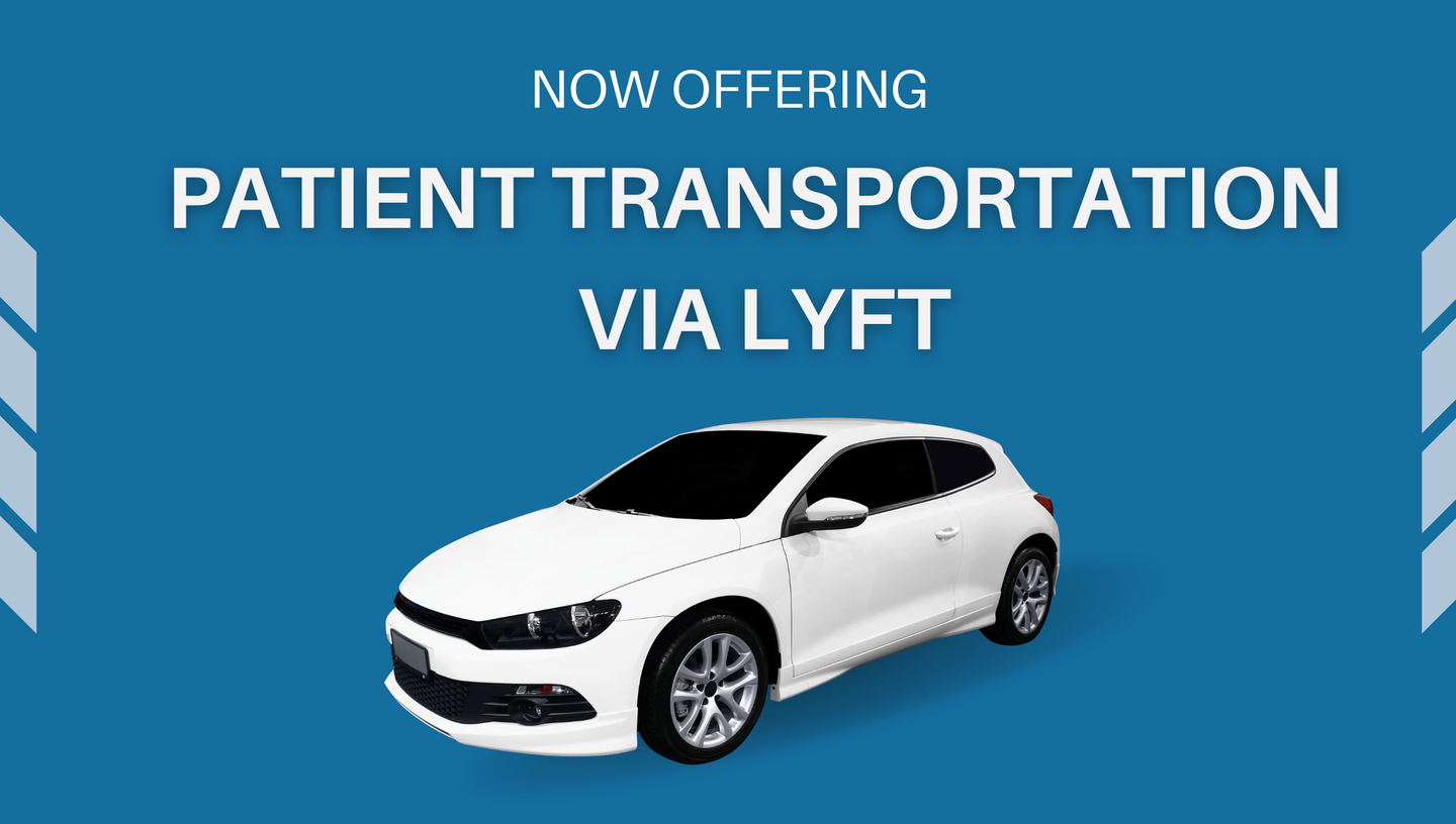 Patient transportation via Lyft: White car on blue background.