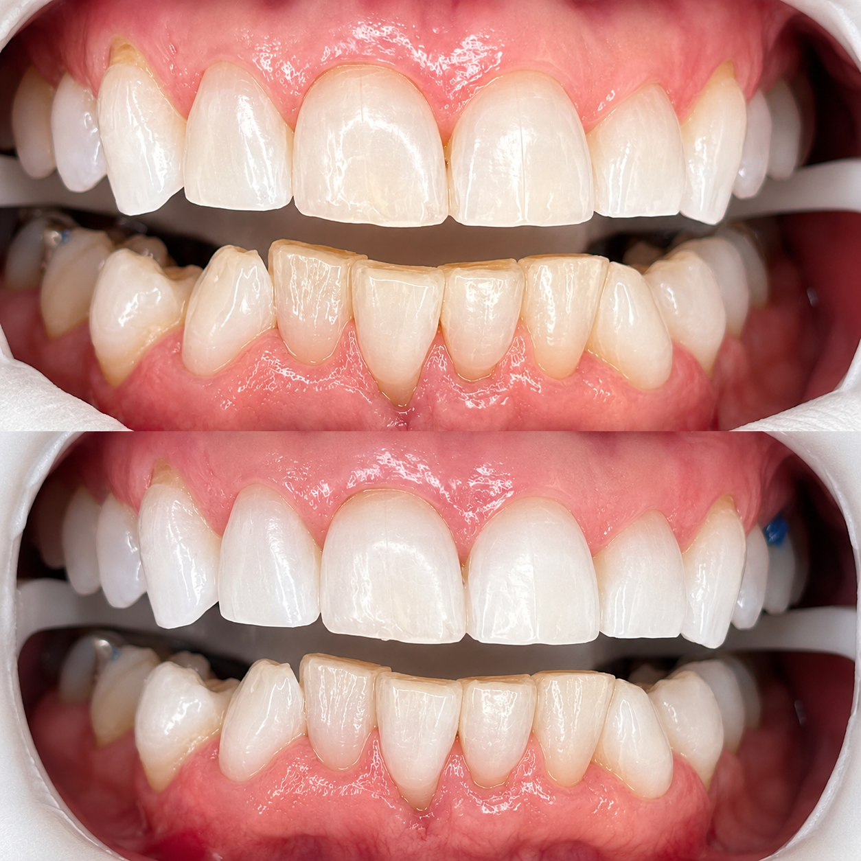 Close-up of teeth with gaps and a pink gumline, shown in two stacked views.