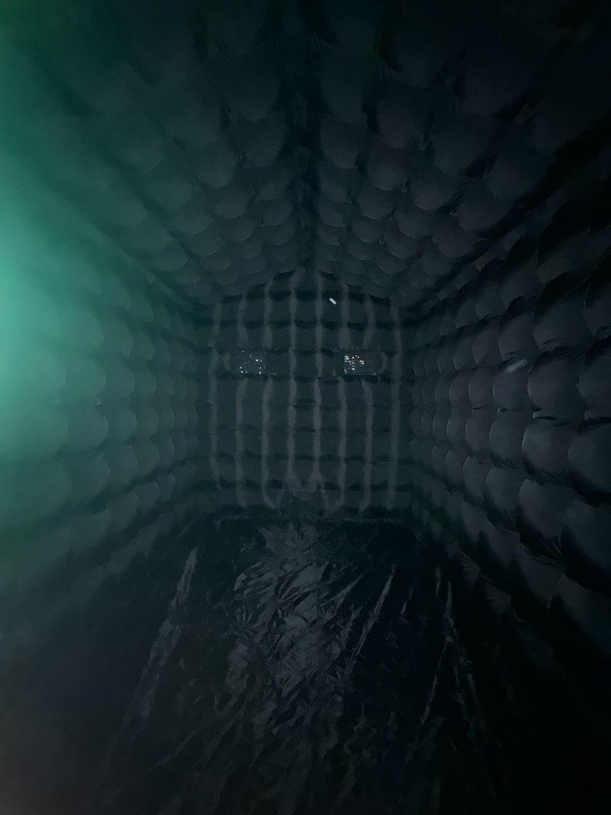 Een donkere, smalle tunnel met muren met structuur, een hek met tralies aan het einde en een groene gloed aan de linkerkant.