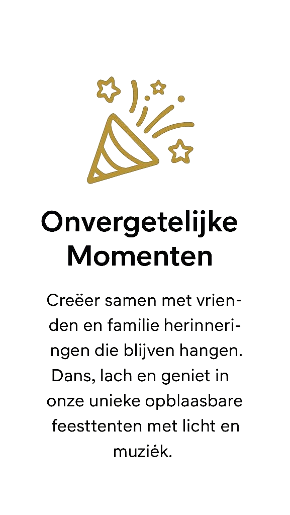 Gouden illustratie van een feesttoeter met tekst die reclame maakt voor opblaasbare feesttenten om onvergetelijke momenten te creΓ«ren.
