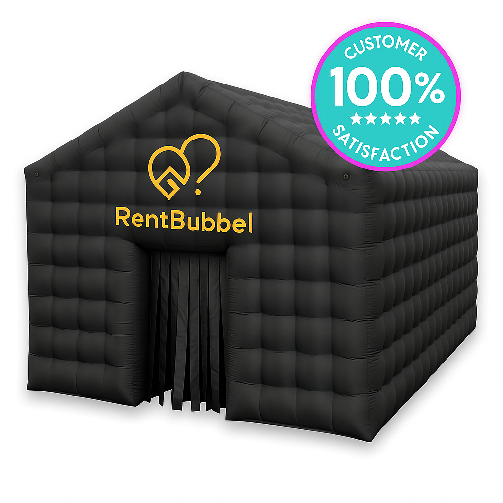 Zwarte opblaasbare evenemententent met het logo 