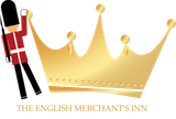 A golden crown and a British guard. Text below reads "The English Merchant's Inn."