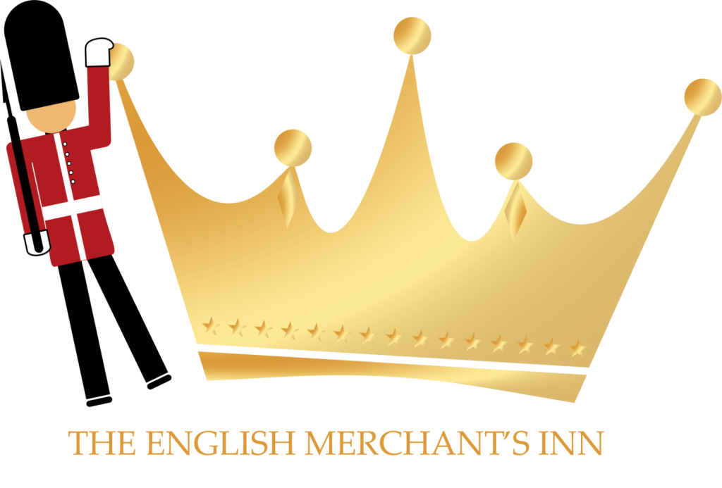 A golden crown and a British guard. Text below reads "The English Merchant's Inn."
