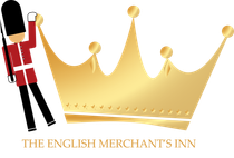A golden crown and a British guard. Text below reads "The English Merchant's Inn."