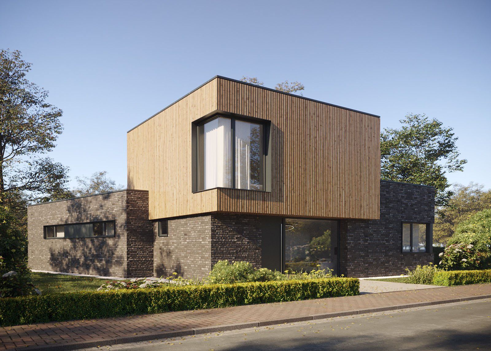 Visualisierung Einfamilienhaus mit Flachdach und Ziegel und Holz Fassade