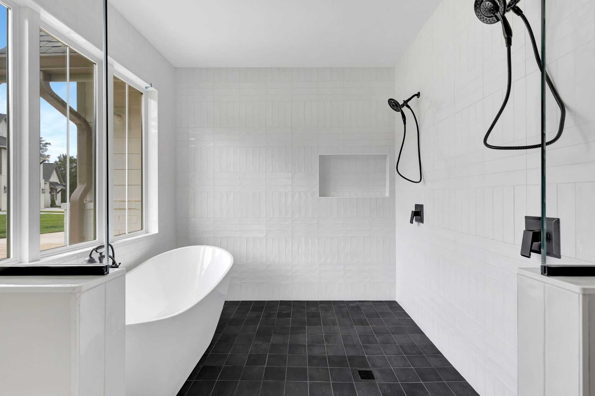 There is a bathtub and a shower in the bathroom.