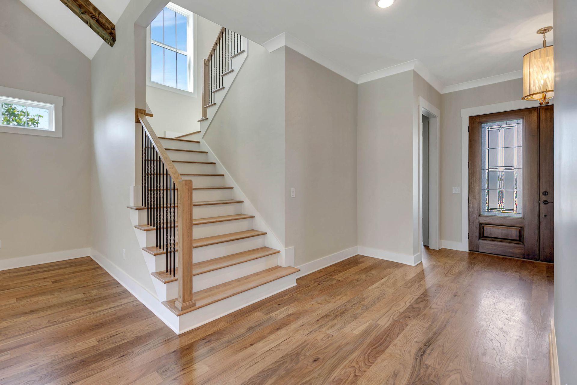 There is a staircase in the middle of the room.