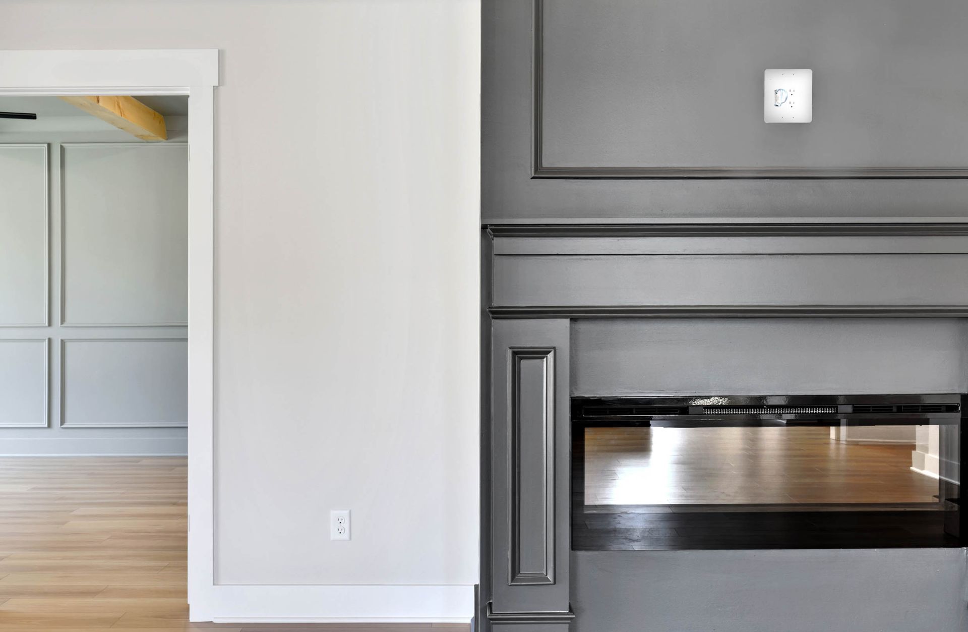 There is a fireplace in the middle of the room.