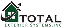 Logo for Total Exterior Systems, Inc. featuring a green house icon with a black swoosh arrow and text.