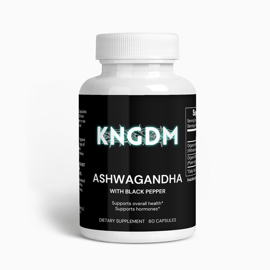 A bottle of kngdm ashwagandha with black pepper.